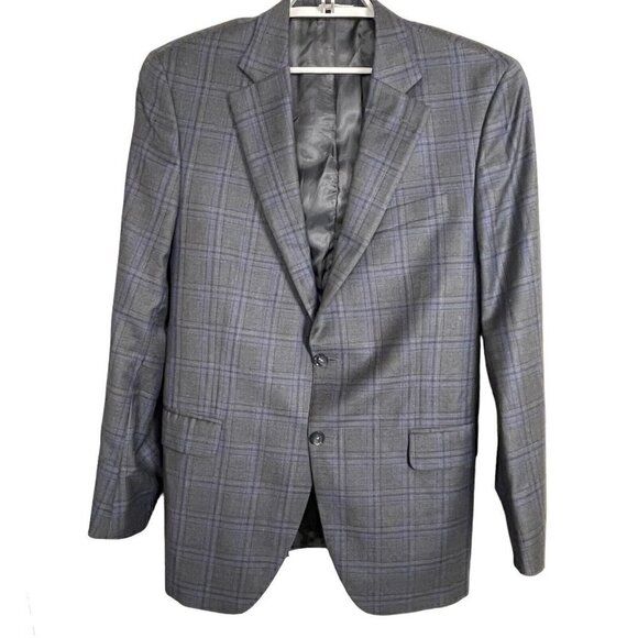 Peter Millar Wool Sharkskin Gray Blue Plaid Sports Coat 44T...